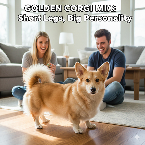 Chó Golden lai Corgi đứng trong phòng khách cùng hai người chủ đang cười – ngoại hình chân ngắn, thân dài rất đặc trưng của Golden × Corgi