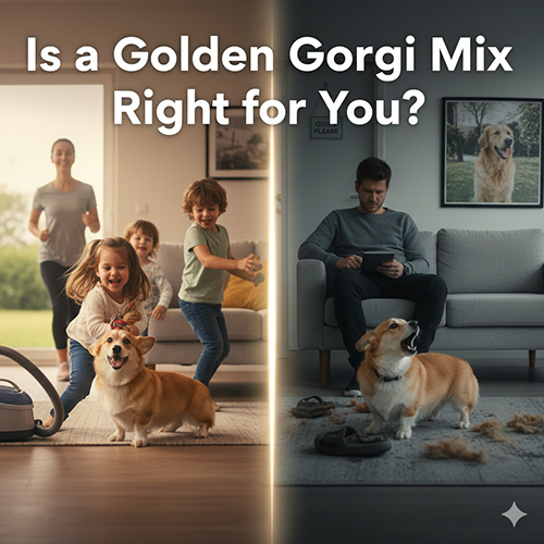 Chó Golden lai Corgi trong hai bối cảnh đối lập, một bên chơi vui với gia đình và một bên nghịch phá cắn dép, minh họa câu hỏi giống chó này có hợp với bạn không