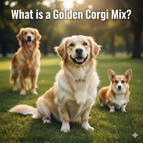 Ba chú chó đứng trên bãi cỏ, một bé chó Golden lai Corgi ở giữa, phía sau là một Golden và một Corgi thuần, minh họa cho câu hỏi chó Golden lai Corgi là gì