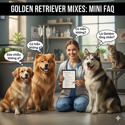 Bác sĩ thú y ngồi giữa các bé Golden lai, Husky lai và mèo – minh họa phần hỏi đáp nhanh về Golden mix