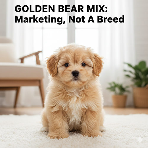 Chó Golden lai “gấu” lông vàng bông ngồi trên thảm trắng, minh họa cho khái niệm Golden bear mix chỉ là tên gọi marketing chứ không phải giống chó chuẩn