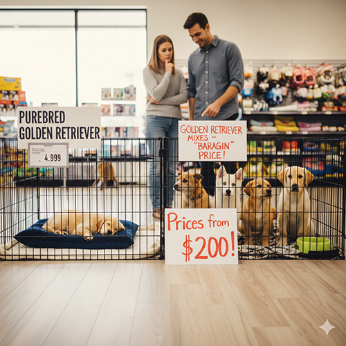 Hai khu chuồng so sánh giá: một bên là Golden thuần chủng giá cao, bên còn lại là Golden lai giá rẻ – minh họa thực tế chênh lệch giá giữa thuần và lai