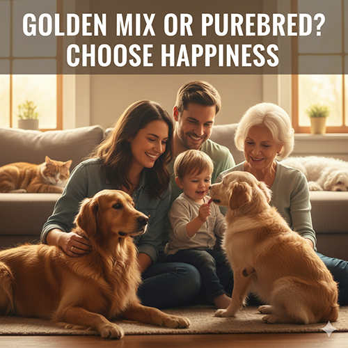 Gia đình quây quần bên hai bé Golden – một thuần, một lai – minh họa thông điệp “chọn theo hạnh phúc, không chọn theo sĩ diện”