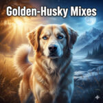 Ảnh chó Golden lai Husky, Alaska lông vàng mắt sáng đứng trước phong cảnh núi tuyết và hồ nước, dùng làm ảnh đại diện bài viết.