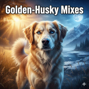 Ảnh chó Golden lai Husky, Alaska lông vàng mắt sáng đứng trước phong cảnh núi tuyết và hồ nước, dùng làm ảnh đại diện bài viết.
