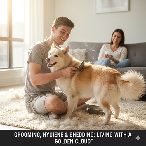 Chó Golden lai Husky, Alaska đang được chải lông trong phòng khách, lông rụng đầy sàn, minh họa việc chăm sóc lông và vệ sinh cho giống lai lông dày.
