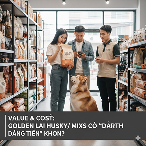 Ảnh chó Golden lai Husky, Alaska ngồi trong cửa hàng thú cưng nhìn chủ tư vấn mua thức ăn, minh họa chủ đề giá trị và chi phí nuôi.