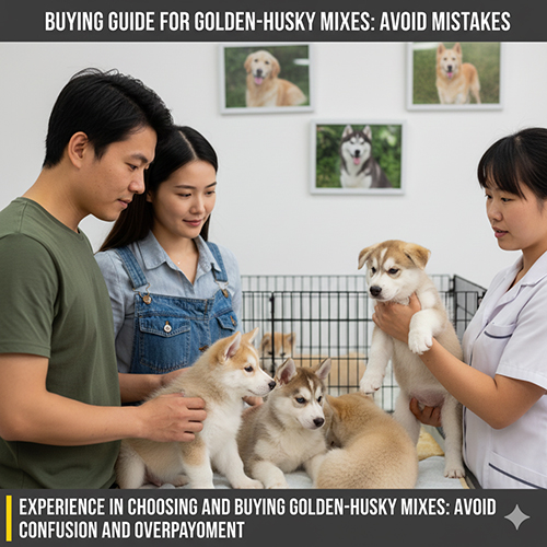 Ảnh cặp đôi trẻ được nhân viên tư vấn xem đàn chó Golden lai Husky, Alaska con trong phòng khám hoặc trại chó, minh họa bước chọn và kiểm tra trước khi mua.
