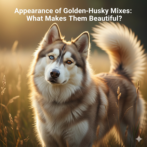 Chó Golden lai Husky, Alaska lông dày đứng trên cánh đồng cỏ lúc hoàng hôn, thể hiện ngoại hình đẹp và cuốn hút.