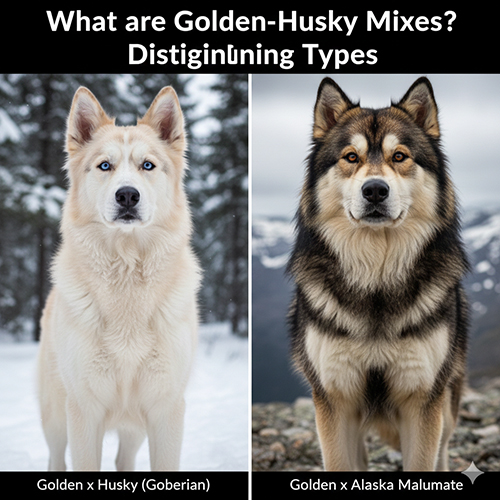 Ảnh so sánh chó Golden lai Husky và Golden lai Alaska Malamute đứng ngoài trời tuyết, giúp phân biệt từng kiểu lai.