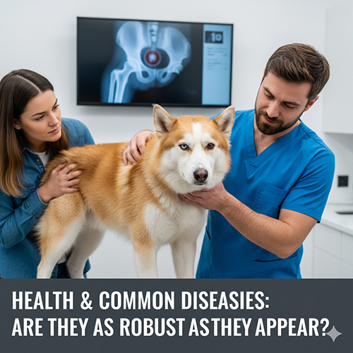 Bác sĩ thú y kiểm tra sức khỏe cho chó Golden lai Husky, Alaska trên bàn khám, minh họa chủ đề sức khỏe và bệnh thường gặp.