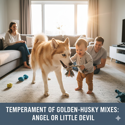 Ảnh chó Golden lai Husky, Alaska chơi với em bé trong phòng khách, bố mẹ ngồi phía sau mỉm cười, minh họa tính cách thân thiện của giống lai.