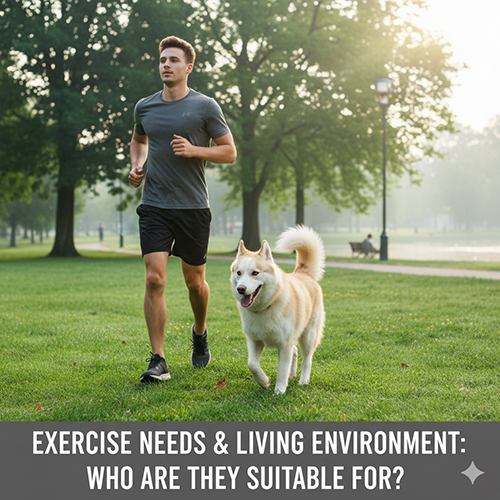 Ảnh chó Golden lai Husky, Alaska chạy bộ cùng chủ trong công viên buổi sáng, minh họa nhu cầu vận động cao và môi trường sống phù hợp.