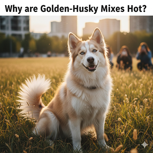 Ảnh chó Golden lai Husky, Alaska lông vàng kem ngồi trên bãi cỏ lúc hoàng hôn, phía sau là phố xá, dùng minh họa lý do giống lai này ngày càng hot.