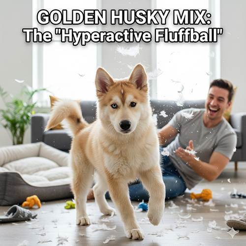 Chó Golden lai Husky đứng giữa phòng khách bừa bộn lông và đồ chơi, phía sau là chủ đang cười – đúng vibe “gà bông tăng động” của combo Golden × Husky/Alaska