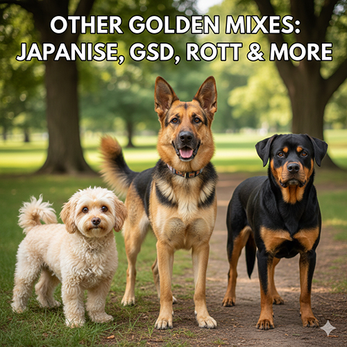 Ba kiểu chó Golden lai khác nhau: Golden mix Nhật nhỏ xù, Golden mix Becgie cao to và Golden mix Rott lực lưỡng – ảnh minh họa nhóm “other mixes” hay gặp