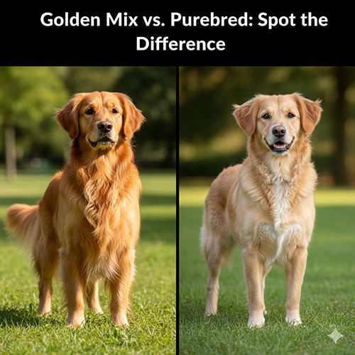 Chó Golden thuần và Golden lai đứng cạnh nhau trên bãi cỏ – ảnh minh họa so sánh sự khác biệt giữa Golden Retriever thuần chủng và các kiểu Golden lai