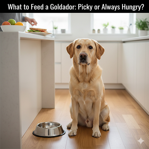 Chó Golden lai Labrador (Goldador) ngồi trong bếp cạnh bát ăn trống, vẻ mặt thèm ăn, minh họa thói quen ham ăn điển hình.