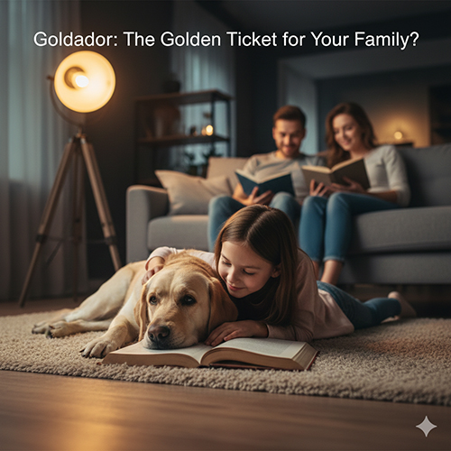 Bé gái nằm ôm chó Golden lai Labrador (Goldador) đọc sách trong phòng khách ấm cúng, phía sau là bố mẹ ngồi trên sofa.