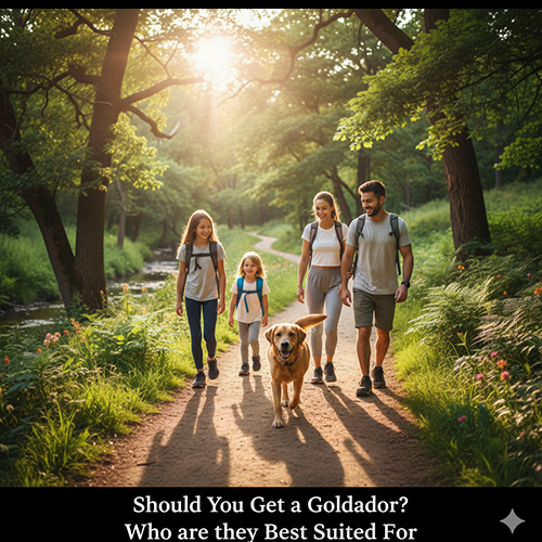 Gia đình dắt chó Golden lai Labrador (Goldador) đi dạo trong rừng, minh họa hình ảnh bạn đồng hành thân thiện, hợp với nhà có trẻ và người thích vận động.
