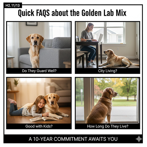 Chó Golden lai Labrador (Goldador) sinh hoạt trong nhà cùng gia đình, minh họa cuộc sống hằng ngày và các câu hỏi thường gặp trước khi nuôi.