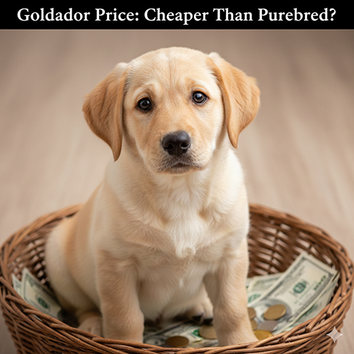 Chó Golden lai Labrador (Goldador) con ngồi trong giỏ đầy tiền giấy và tiền xu, biểu cảm ngây thơ minh họa chủ đề giá bán và chi phí nuôi.