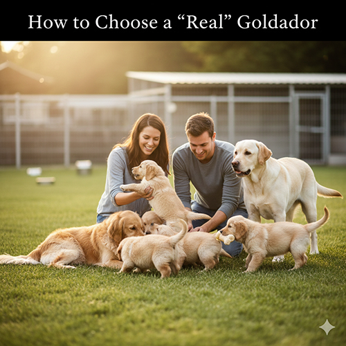 Cặp Golden Retriever và Labrador Retriever trưởng thành chơi với bầy chó con ngoài bãi cỏ, minh họa cách chọn mua chó Golden lai Labrador (Goldador) “chuẩn” bố mẹ rõ ràng.