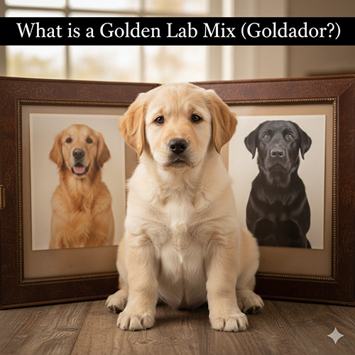 Chó Golden lai Labrador (Goldador) con ngồi giữa hai bức ảnh Golden Retriever và Labrador Retriever trưởng thành, minh họa nguồn gốc lai giữa hai giống.