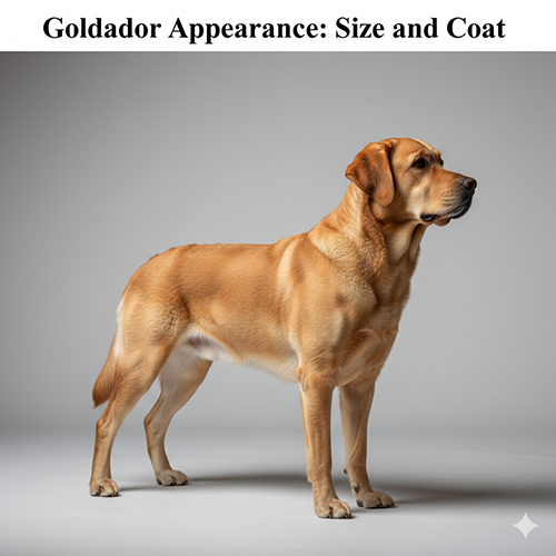 Chó Golden lai Labrador (Goldador) trưởng thành đứng nghiêng toàn thân, làm nổi bật kích thước trung – lớn và bộ lông kép màu vàng óng.