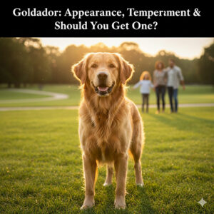 Chó Golden lai Labrador (Goldador) trưởng thành đứng trên bãi cỏ, phía sau là gia đình – minh họa ngoại hình thân thiện và gần gũi với trẻ em.
