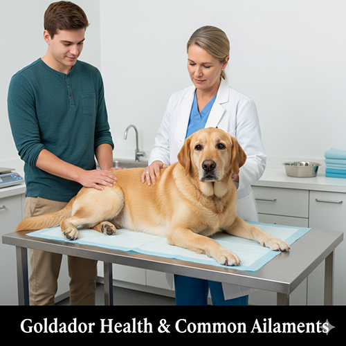 Bác sĩ thú y đang khám cho chó Golden lai Labrador (Goldador) trên bàn cùng người chủ, minh họa sức khỏe và bệnh thường gặp.