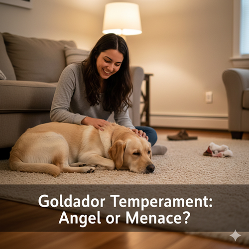 Chó Golden lai Labrador (Goldador) nằm thư giãn trong phòng khách bên cạnh cô chủ, minh họa tính cách hiền lành, quấn người nhưng dễ phá phách nếu thiếu vận động.