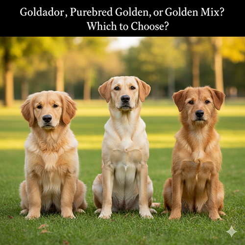 Ba chú chó giống Golden và Labrador ngồi trên bãi cỏ, lần lượt đại diện cho Golden thuần, Golden lai Labrador (Goldador) và Golden lai chó cỏ.