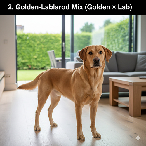 Chó Golden lai Labrador lông ngắn đứng trong phòng khách, minh họa kiểu “chó Golden lông ngắn” thực chất là Golden × Lab
