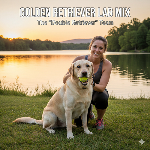 Chó Golden lai Labrador ngồi cạnh chủ bên hồ lúc hoàng hôn – minh họa ngoại hình điển hình của “double retriever mix”