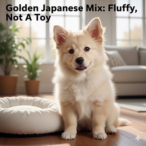 Chó Golden lai Nhật lông vàng xù ngồi trong phòng khách, gương mặt dễ thương minh họa cho bài viết “baby vàng xù” nhưng không phải thú bông