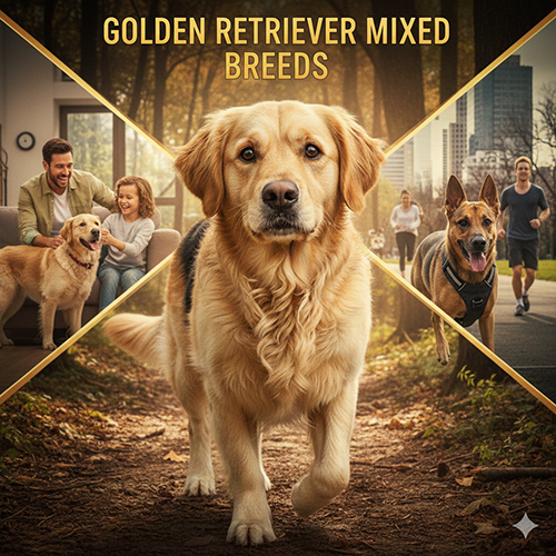 Chó Golden thuần đi giữa rừng, phía sau là các cảnh Golden lai Becgie và Golden sống cùng gia đình, minh họa bài viết về Golden lai Nhật, Becgie, Rott và “gấu”