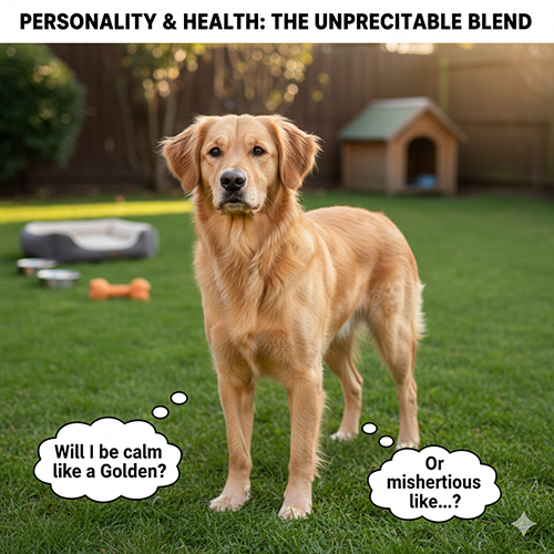 Chó Golden lai đứng trong sân vườn với biểu cảm phân vân – minh họa sự “khó đoán” về tính cách và sức khỏe ở Golden mix