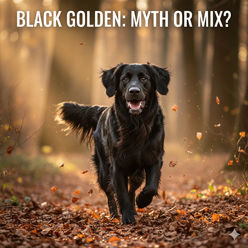 Chó Golden lông đen (lai Labrador/Flat-coated Retriever) đang chạy trong rừng mùa thu, minh họa nhóm Golden sẫm màu dễ gây nhầm lẫn.