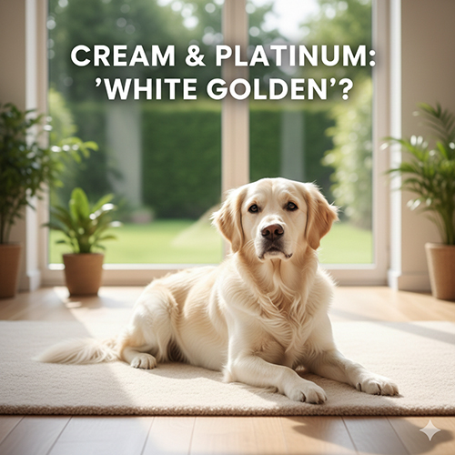 Chó Golden Retriever lông kem sáng gần như trắng nằm trên thảm trong phòng khách, minh họa nhóm “Golden trắng/bạch kim”.