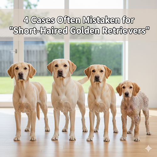 Bốn chú chó lông vàng đứng trong phòng khách, ba bé Labrador lông ngắn và một bé lông xoăn thưa giống Golden, minh họa các trường hợp dễ bị nhầm là “chó Golden lông ngắn”