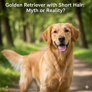 Chó Golden lông ngắn đứng trên đường mòn trong rừng, minh họa chủ đề chó Golden lông ngắn là thật hay chỉ là do lai với Labrador