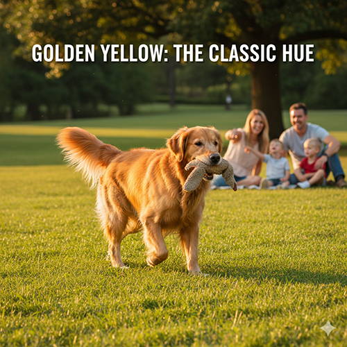 Ảnh chú chó Golden Retriever lông vàng “classic” chạy trên bãi cỏ, gia đình ngồi phía sau tạo vibe ấm áp – đúng tinh thần màu vàng kinh điển.