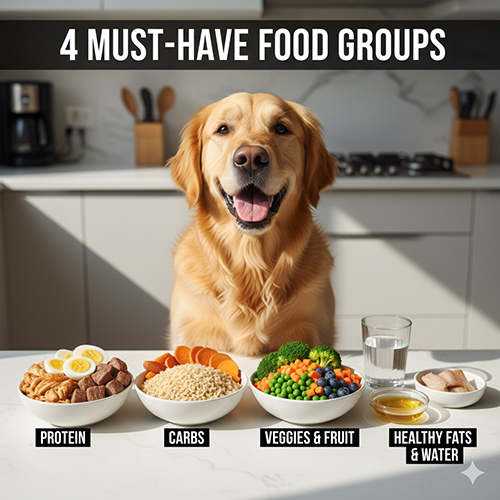 Chó Golden Retriever ngồi trước 4 nhóm thực phẩm gồm đạm tinh bột rau củ quả và chất béo tốt kèm nước