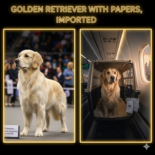Chó Golden Retriever tham gia dog show và một bé Golden nằm trong lồng vận chuyển trên máy bay, minh họa phân khúc Golden có giấy VKA và Golden nhập khẩu giá cao.