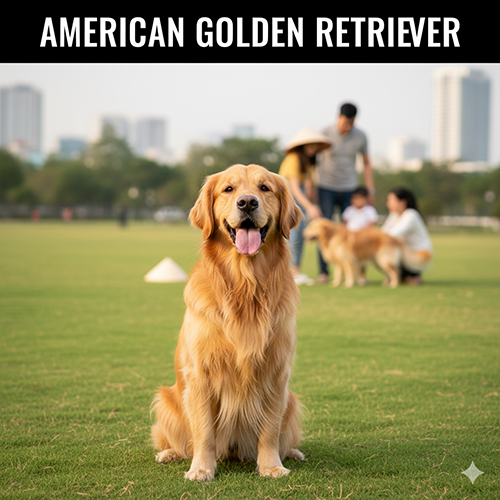 Chó Golden Retriever Mỹ – chú chó lông vàng ngồi giữa công viên, phía sau là gia đình đang chơi đùa cùng nhau.