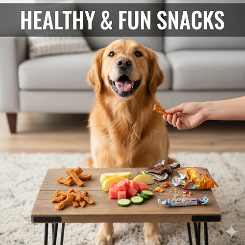 Chó Golden đang ngồi trước bàn có bánh thưởng và trái cây an toàn, được cho ăn một miếng snack