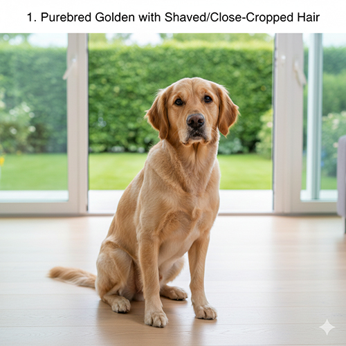Chó Golden thuần bị cạo lông sát, lông ôm sát thân ngồi trong phòng, dễ bị nhầm là chó Golden lông ngắn