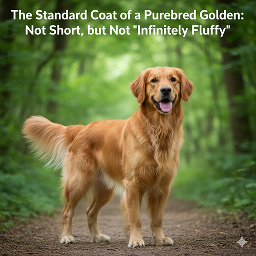 Chó Golden thuần với bộ lông hai lớp độ dài trung bình, đứng trên đường mòn trong rừng, minh họa tiêu chuẩn lông không ngắn sát như Labrador nhưng cũng không xù “vô cực”