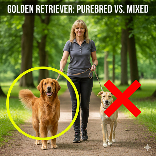 Hình so sánh chó Golden thuần chủng và chó lai khi đi dạo cùng chủ, đánh dấu vòng tròn bé Golden thuần và dấu X bé lai